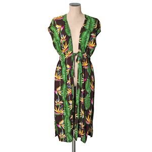 HULA BAY Brown Tropical Swim CoverUp Kimono Long Vest Summer  Top Small